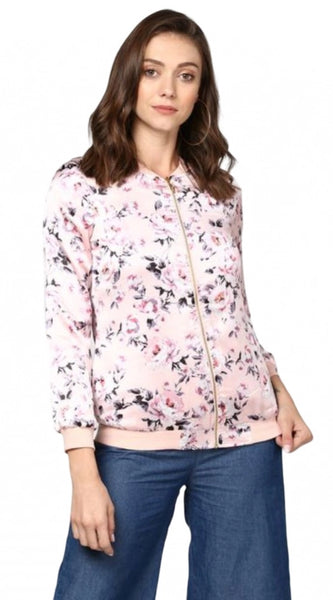 Mayawye Women's Satin Floral 3/4th Sleeve Jacket (Light Pink)