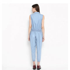 Mayawye Women's Denim Solid Sleeveless Jumpsuit (Blue)