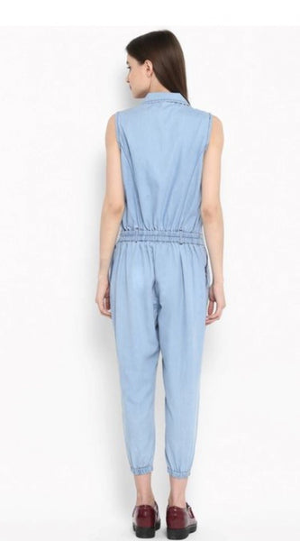 Mayawye Women's Denim Solid Sleeveless Jumpsuit (Blue)