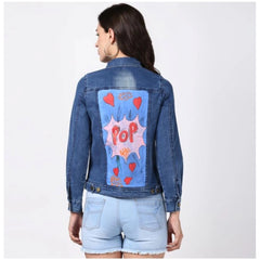 Mayawye Women's Denim Hand Painted Long Sleeve Jacket (Blue)