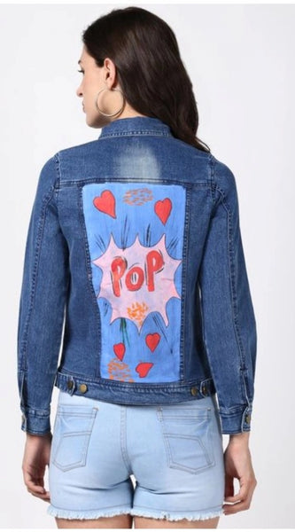 Mayawye Women's Denim Hand Painted Long Sleeve Jacket (Blue)