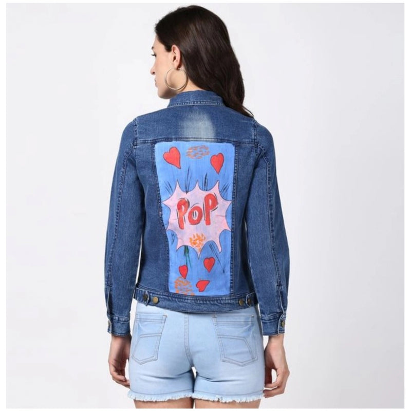 Mayawye Women's Denim Hand Painted Long Sleeve Jacket (Blue)