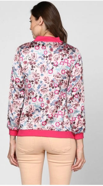 Mayawye Women's Satin Floral 3/4th Sleeve Jacket (Multicolor)