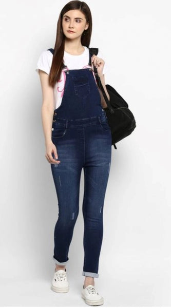 Mayawye Women's Denim Distressed Dungaree Pant (Blue)