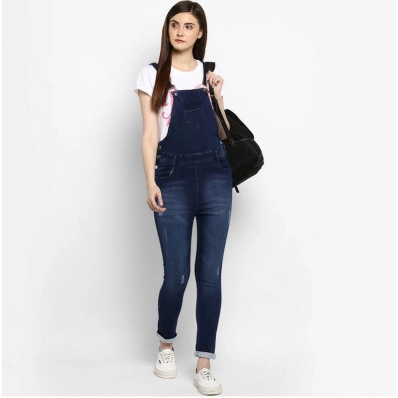 Mayawye Women's Denim Distressed Dungaree Pant (Blue)