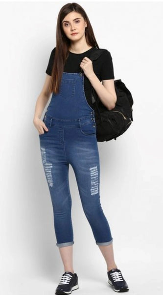 Mayawye Women's Denim Solid Dungaree Pant (Blue)