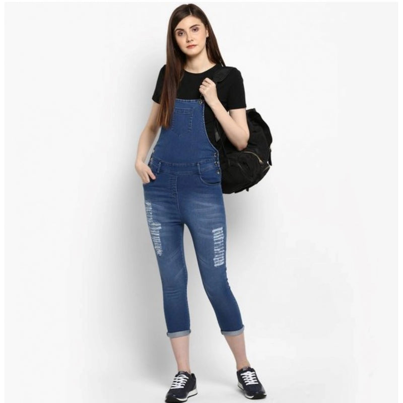 Mayawye Women's Denim Solid Dungaree Pant (Blue)