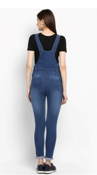 Mayawye Women's Denim Solid Dungaree Pant (Blue)
