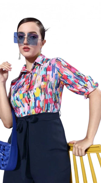 Mayawye Women's Polyester Printed 3/4th Sleeve Jumpsuit (Multicolor - Navy)