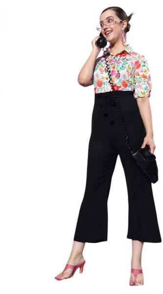 Mayawye Women's Polyester Printed 3/4th Sleeve Jumpsuit (Multicolor)