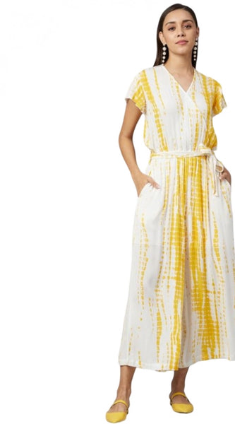 Mayawye Women's Rayon Striped Short Sleeve Jumpsuit (Yellow - White)