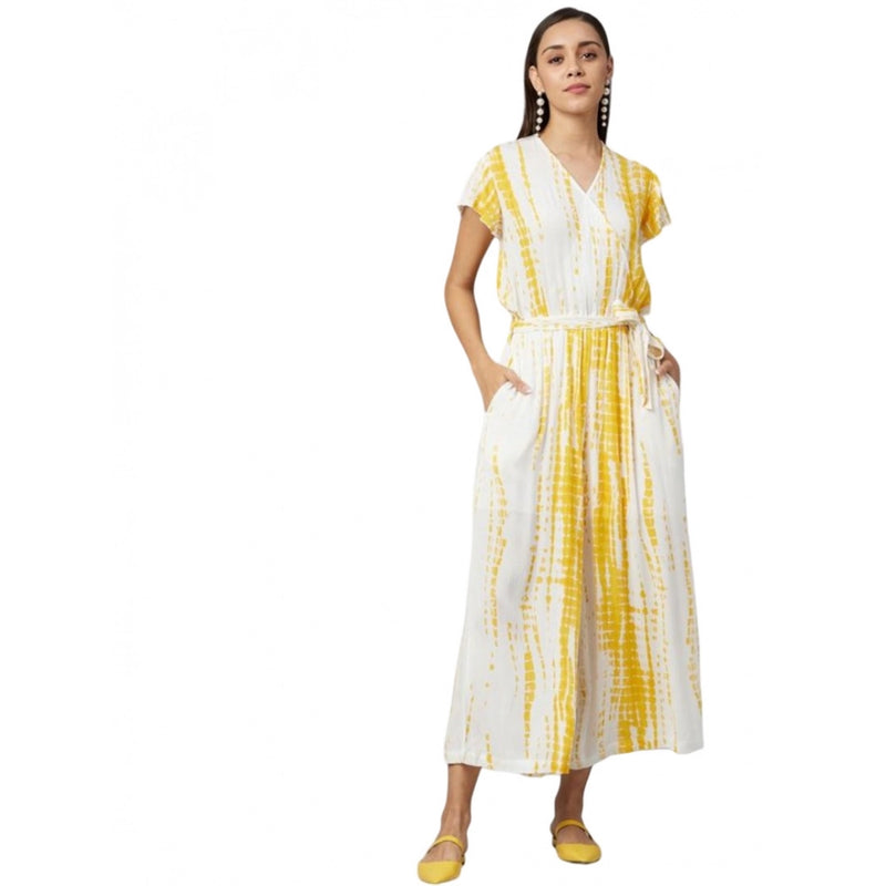 Mayawye Women's Rayon Striped Short Sleeve Jumpsuit (Yellow - White)