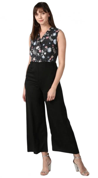 Mayawye Women's Polyester Embroidered Sleeveless Jumpsuit (Black)