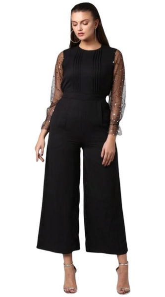 Mayawye Women's Polyester Embellished Long Sleeve Jumpsuit (Black)