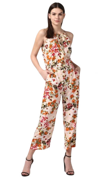Mayawye Women's Polyester Floral Halter Jumpsuit (Peach)