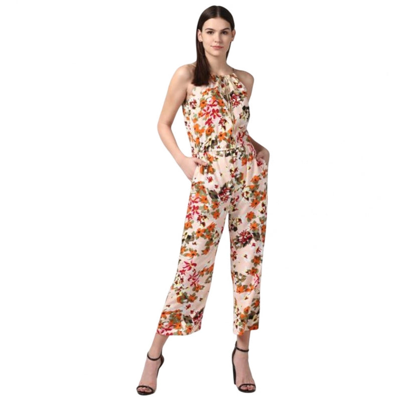 Mayawye Women's Polyester Floral Halter Jumpsuit (Peach)