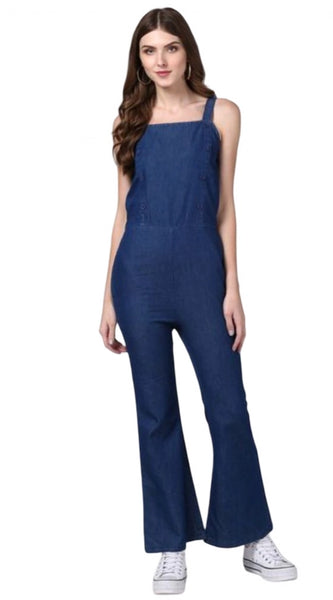 Mayawye Women's Denim Solid Shoulder Straps Jumpsuit (Blue)