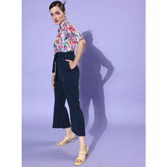 Mayawye Women's Polyester Printed 3/4th Sleeve Jumpsuit (Multicolor - Navy)