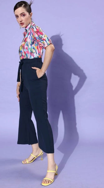 Mayawye Women's Polyester Printed 3/4th Sleeve Jumpsuit (Multicolor - Navy)