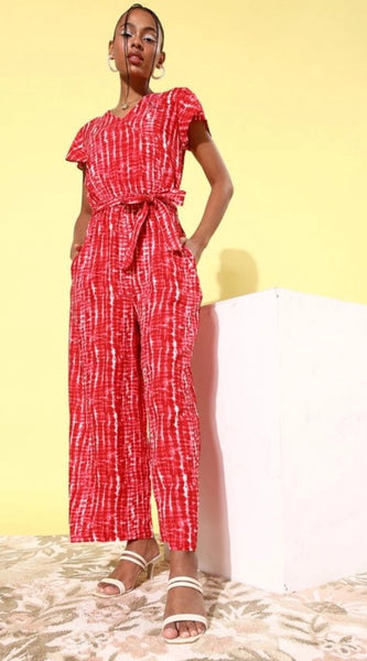 Mayawye Women's Rayon Tie & Dye Short Sleeve Jumpsuit (Red)