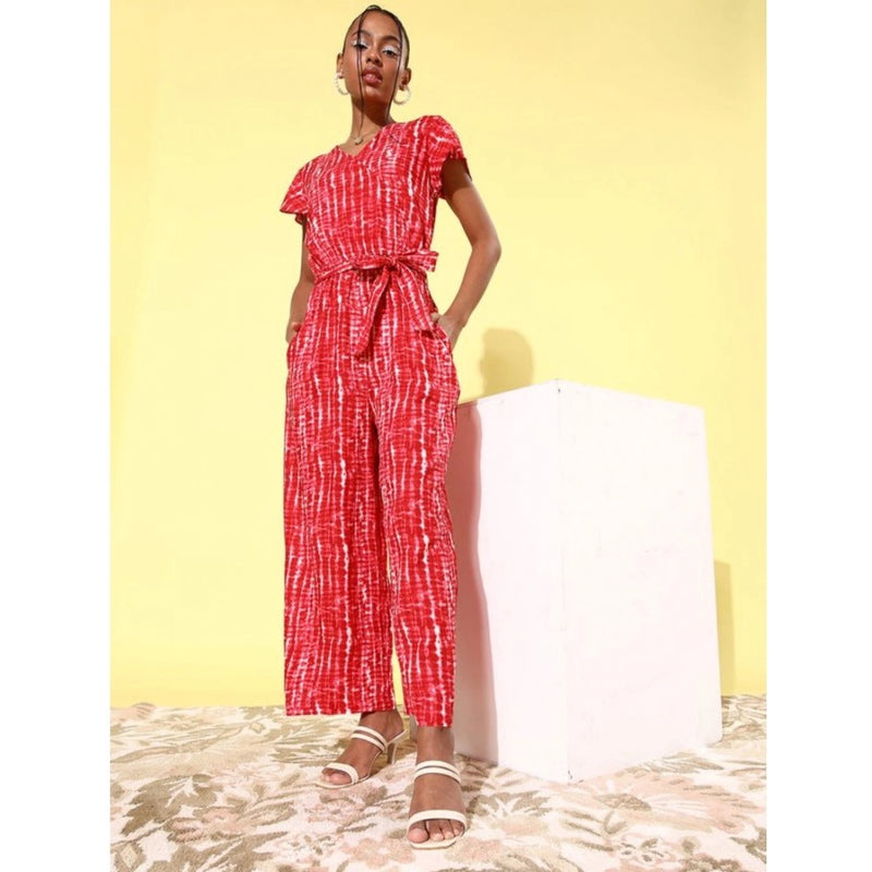 Mayawye Women's Rayon Tie & Dye Short Sleeve Jumpsuit (Red)