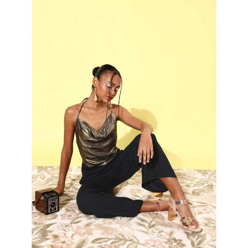 Mayawye Women's Polyester Embellished Sleeveless Jumpsuit (Gold)