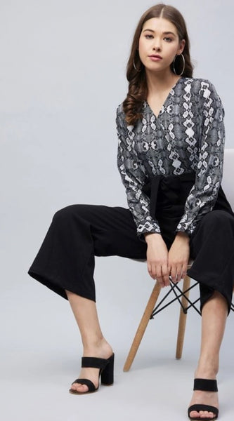 Mayawye Women's Rayon Animal Print Short Sleeve Jumpsuit (Black)