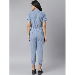 Mayawye Women's Denim Self Design Tie Ups Jumpsuit (Blue)