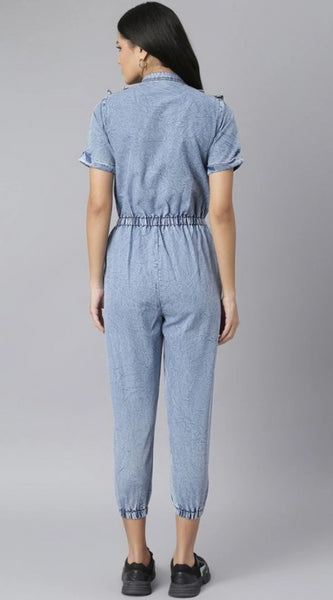Mayawye Women's Denim Self Design Tie Ups Jumpsuit (Blue)
