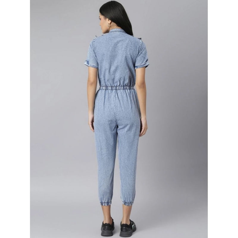 Mayawye Women's Denim Self Design Tie Ups Jumpsuit (Blue)