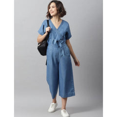 Mayawye Women's Denim Solid Half Sleeve Jumpsuit (Blue)