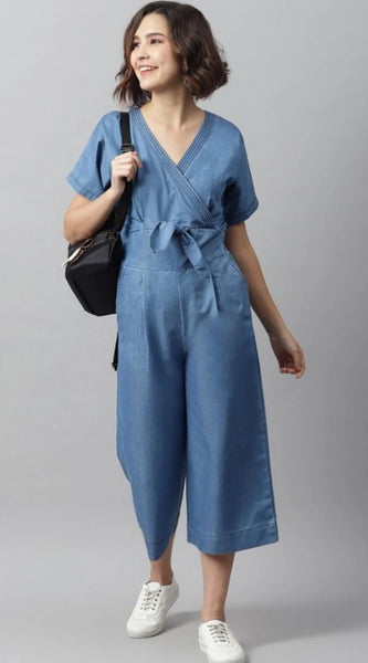 Mayawye Women's Denim Solid Half Sleeve Jumpsuit (Blue)