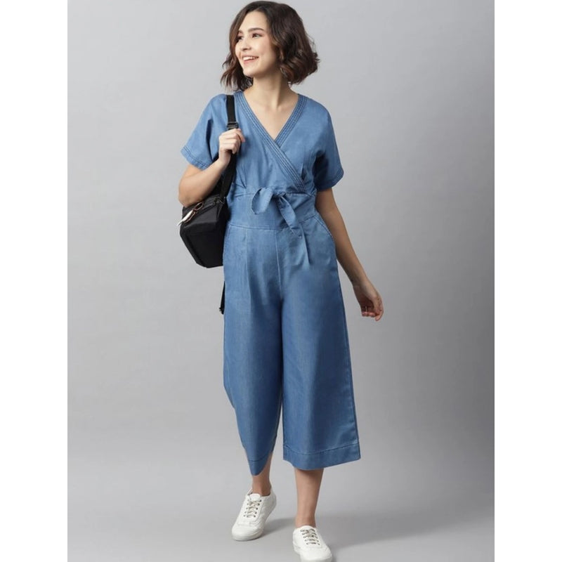 Mayawye Women's Denim Solid Half Sleeve Jumpsuit (Blue)
