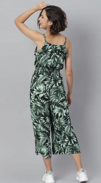Mayawye Women's Polyester Printed Shoulder Straps Jumpsuit (Black - Green)