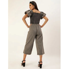 Mayawye Women's Denim Solid Balloon Sleeve Jumpsuit (Black)