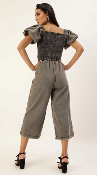Mayawye Women's Denim Solid Balloon Sleeve Jumpsuit (Black)