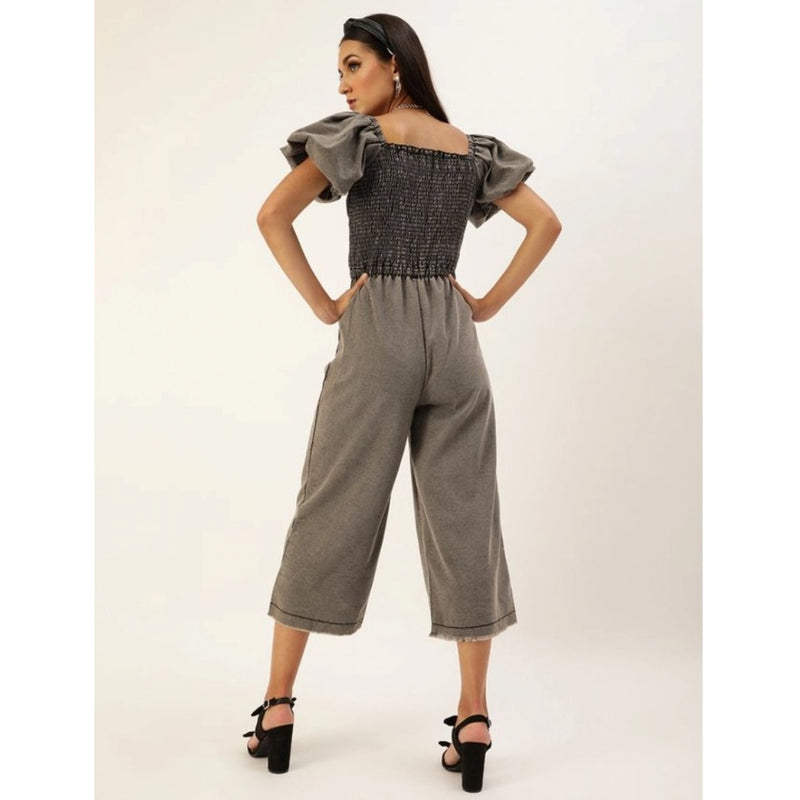 Mayawye Women's Denim Solid Balloon Sleeve Jumpsuit (Black)
