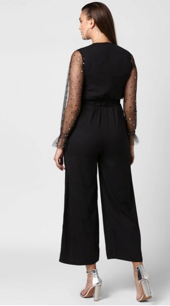 Mayawye Women's Polyester Embellished Long Sleeve Jumpsuit (Black)