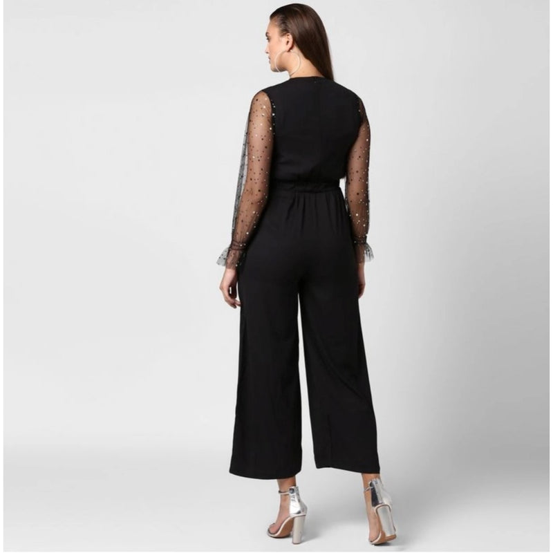 Mayawye Women's Polyester Embellished Long Sleeve Jumpsuit (Black)