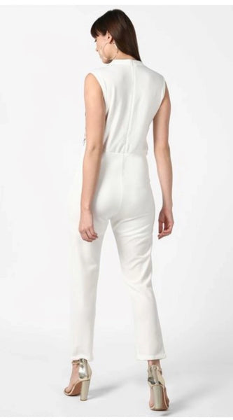 Mayawye Women's Polyester Embellished Sleeveless Jumpsuit (White)