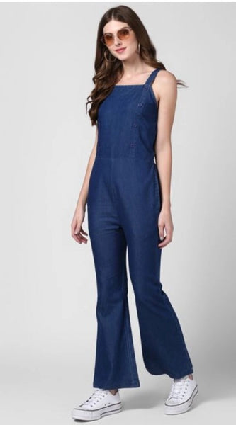 Mayawye Women's Denim Solid Shoulder Straps Jumpsuit (Blue)