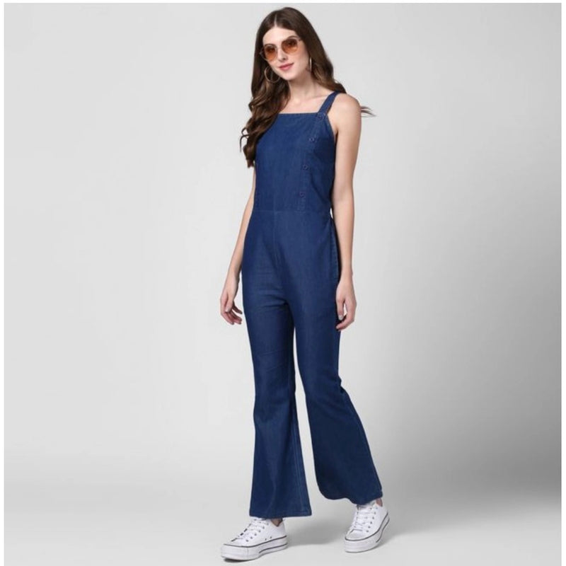 Mayawye Women's Denim Solid Shoulder Straps Jumpsuit (Blue)