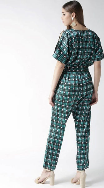 Mayawye Women's Polyester Polka Half Sleeve Jumpsuit (Green)