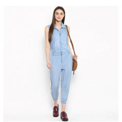 Mayawye Women's Denim Solid Sleeveless Jumpsuit (Blue)