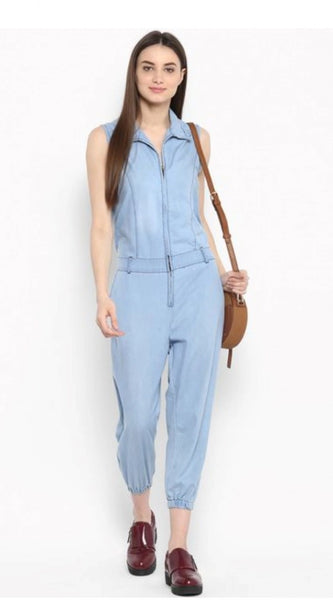 Mayawye Women's Denim Solid Sleeveless Jumpsuit (Blue)