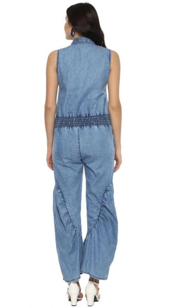 Mayawye Women's Denim Solid Sleeveless Jumpsuit (Blue)
