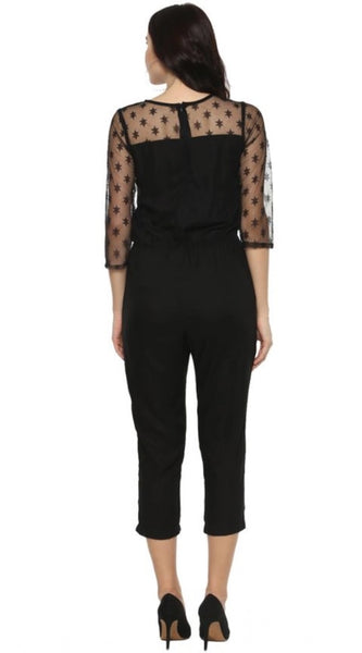 Mayawye Women's Polyester Self Design 3/4th Sleeve Jumpsuit (Black)