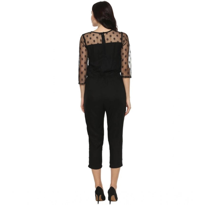 Mayawye Women's Polyester Self Design 3/4th Sleeve Jumpsuit (Black)
