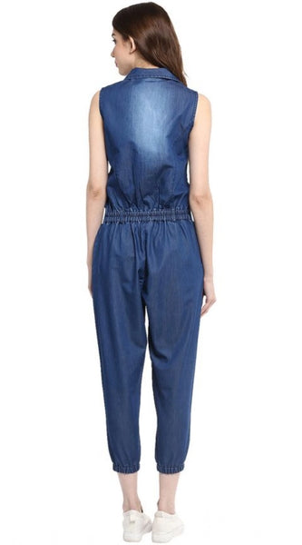 Mayawye Women's Denim Solid Sleeveless Jumpsuit (Blue)