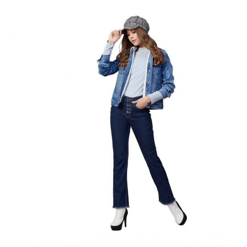 Mayawye Women's Denim Washed Long Sleeve Jacket (Blue)